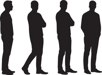 Four black male silhouettes depicting different poses: standing, walking, with crossed arms, and hands in pockets. Ideal for design projects.