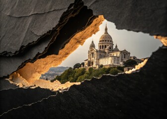 View of sacre coeur basilica in paris through a torn opening in textured paper
