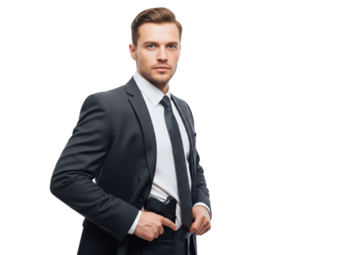 Serious Asian man in a suit with a handgun, isolated on a transparent background