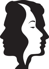 Striking black and white optical illusion of two male profiles creating a female face in the negative space, representing duality and perception.