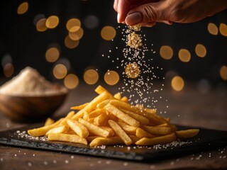 Hand sprinkling salt and seasoning onto a pile of golden french fries with bokeh background