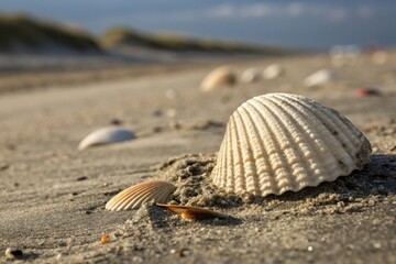 Close up of a textured seashell resting on a sandy beach with gentle waves in the background