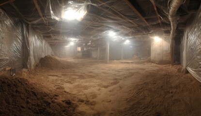 Empty basement under construction, covered in sand