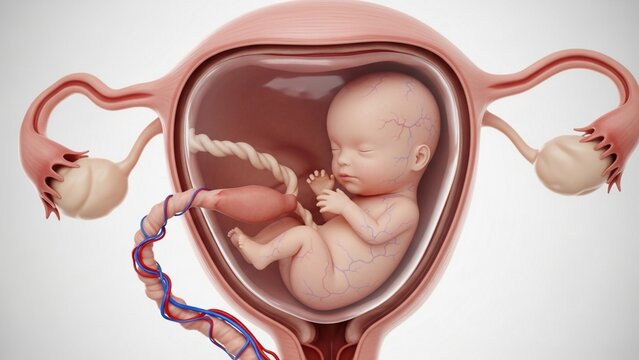 Medical Illustration of a Fetus Inside the Uterus &ndash; Side View. 
Detailed Blood Vessels and Reproductive System