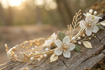 Elegant floral hair accessory with delicate white flowers and gold accents on a natural wood background