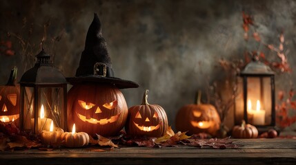 glowing carved halloween pumpkins on wooden table, candle-lit jack-o'-lanterns with warm light, autumn leaves and rustic lantern