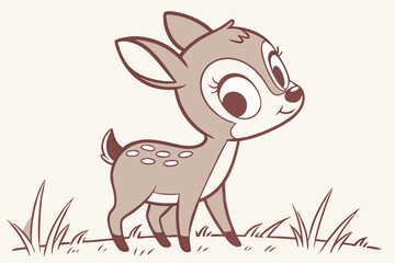 Cute cartoon deer in simple vector style, flat soft brown colors, big eyes, minimal outline, front pose