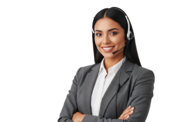 Friendly smiling call center agent with headset, isolated on a transparent background