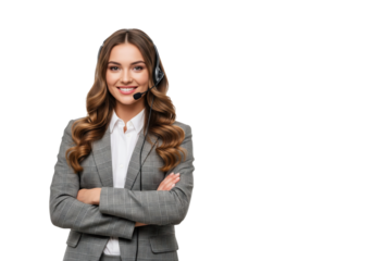 Friendly smiling call center agent with headset, isolated on a transparent background