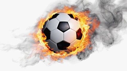 Fototapeta premium A flaming soccer ball surrounded by thick swirling smoke blazes across a stark white background, symbolizing intense energy, speed, momentum, fiery gameplay, and high-stakes athletic performance.