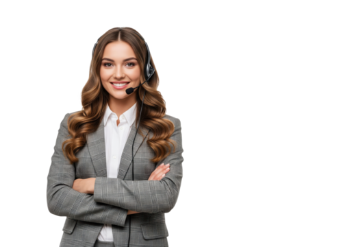 Friendly smiling call center agent with headset, isolated on a transparent background