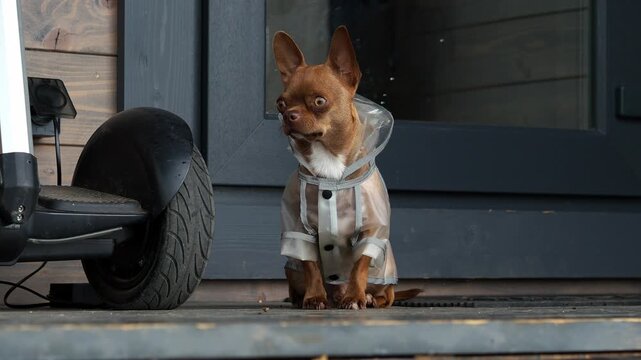 A small red chihuahua dog in a transparent raincoat sits on a wooden porch, waiting out the rain. Early autumn, late summer. Pet clothes. The lost look of a dog during a heavy rain. Rainy autumn.