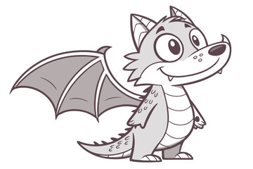 Cute cartoon dragon-wolf hybrid, vector art, clean outlines, flat color design, big happy eyes