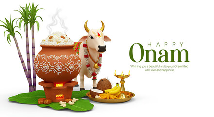 Onam with traditional decorations, an auspicious lamp, festive food, and cultural elements.