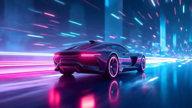 Driving Futuristic Car in Glowing Cityscape Slow Motion