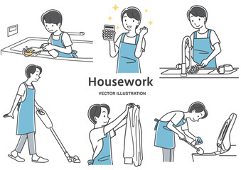 家事をする若い男性のイラストセット素材