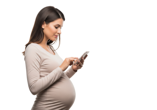 Pregnant woman holding her belly and using a smartphone, isolated on a transparent background