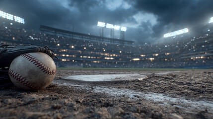 Baseball Glove and Ball Resting on Home Plate in Dramatic Setting