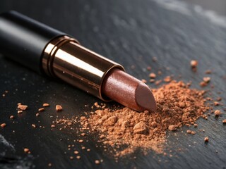 Close up of a metallic rose gold lipstick with shimmering powder on a dark textured surface