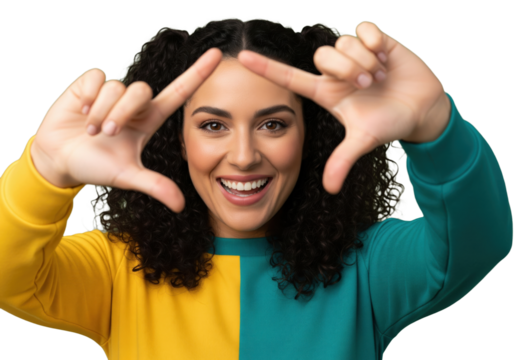Smiling young woman making a frame with hands, isolated on a transparent background
