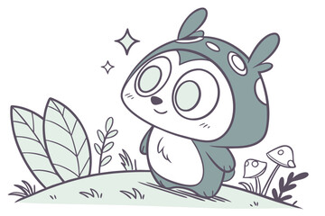 Cute cartoon forest spirit creature, glowing eyes, flat vector design, simple shape, friendly look