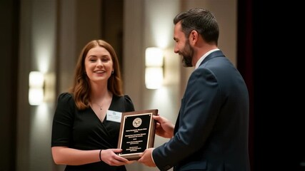 Young Woman Receiving Award Plaque from Male Presenter at Formal Ceremony with Bright Lighting