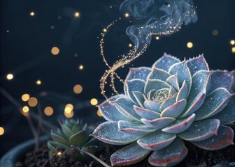 Magical nighttime scene with succulent plant and delicate spiderweb with bokeh lights