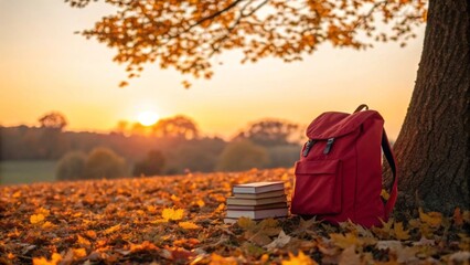 a red school bag stands under a tree in the park with school books next to it