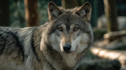 Fototapeta premium Close-up of a gray wolf in a forest setting