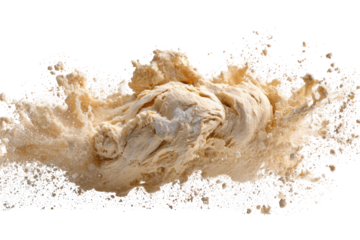 Light beige dough,  a lumpy, textured mass,  explodes in a flurry of airy bubbles