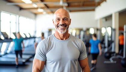 Fototapeta premium Smiling Bald Man Posing in Gym, Fitness and Healthy Lifestyle