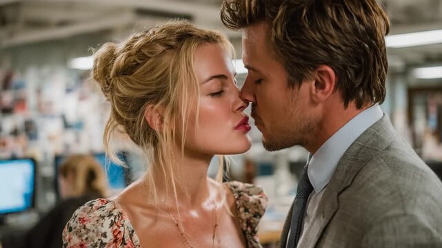 A couple leans in for a kiss, noses touching. Woman has blonde hair in a braided updo. Man in a suit. Office setting in background