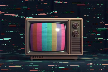 Vintage television displays rainbow static on screen with digital glitch background