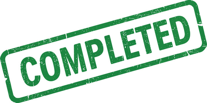 Green completed stamp with textured grunge effect isolated on transparent background