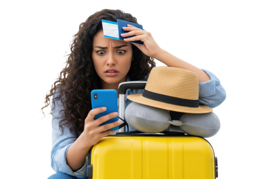 Stressed female tourist with tickets and luggage, checking phone, isolated on a transparent background
