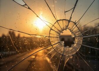 Golden sunset viewed through a cracked window pane with water droplets