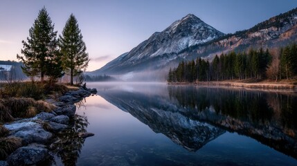 Fototapeta premium Mountain lake reflection dawn