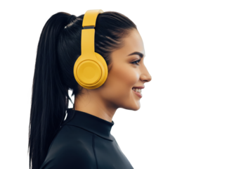 Side profile of smiling young woman with headphones, isolated on a transparent background