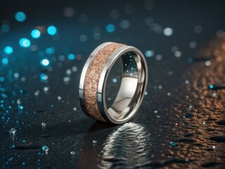 Elegant silver ring with a unique textured inlay set against a sparkling bokeh background