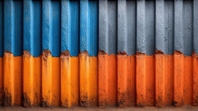 Vibrant Textured Wall with Blue, Orange, and Grey Stripes and Rust - Powered by Adobe