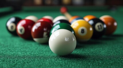 Billiard Balls Arranged in a Starting Triangle on a Green Table