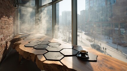 Large, wooden table with hexagonal stone inlay.