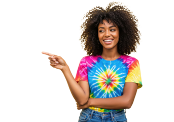 Smiling black woman pointing finger to the side, isolated on a transparent background
