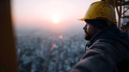 Worker operating tower crane with cityscape at sunset