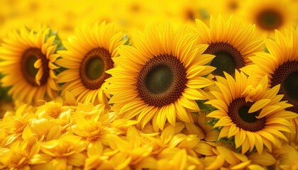 Fototapeta premium A close up view of a vibrant field of sunflowers in full bloom under the bright sunlight outdoors