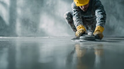 Worker smoothing fresh concrete floor