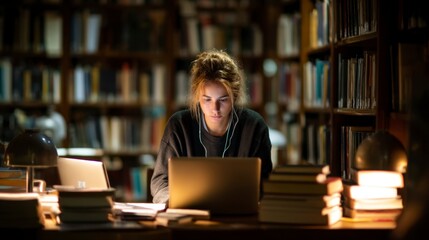 Student Using Laptop in University Library for Digital Research and Study