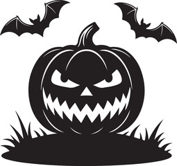 Fototapeta premium Spooky halloween jack o lantern with bats and grass