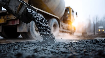 Concrete mixer truck pouring fresh concrete on construction site  long title A heavy duty concrete mixer truck pouring freshly mixed cement onto a