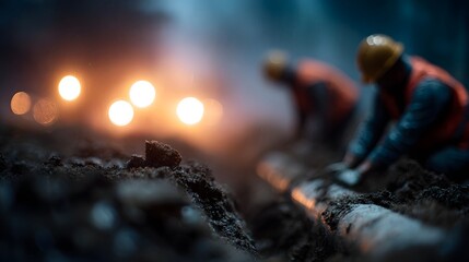 Underground utility infrastructure installation at night with focused lighting